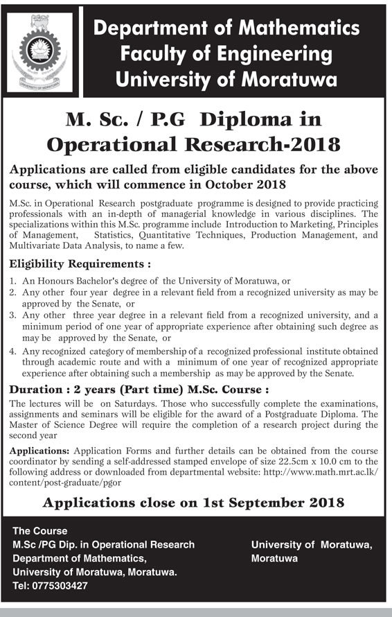 M.Sc. / P.G Diploma in Operational Research 2018 - Faculty of Engineering - University of Moratuwa